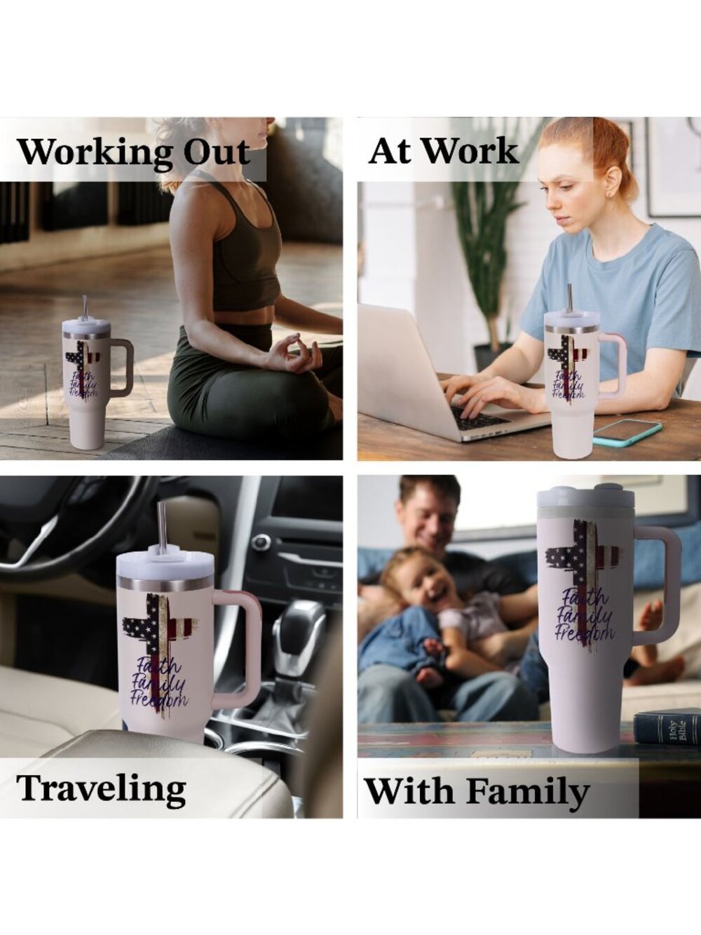 Patriotic 40 oz Tumbler American Flag Cross Insulated Mug Faith Family Freedom - Picture 7 of 9